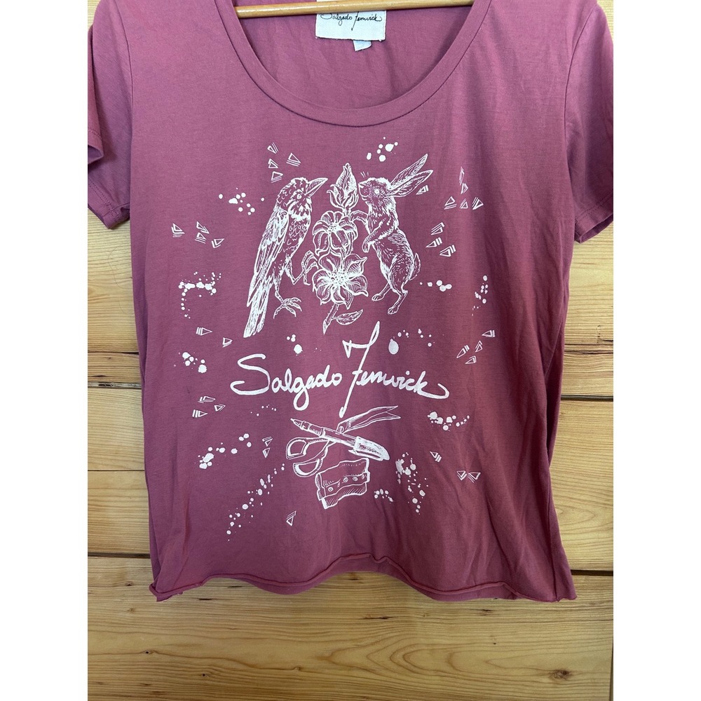 Graphic Tee Women Medium Mauve Bird Rabbit Hand Screened Art Salgado Fenwick - Picture 3 of 7